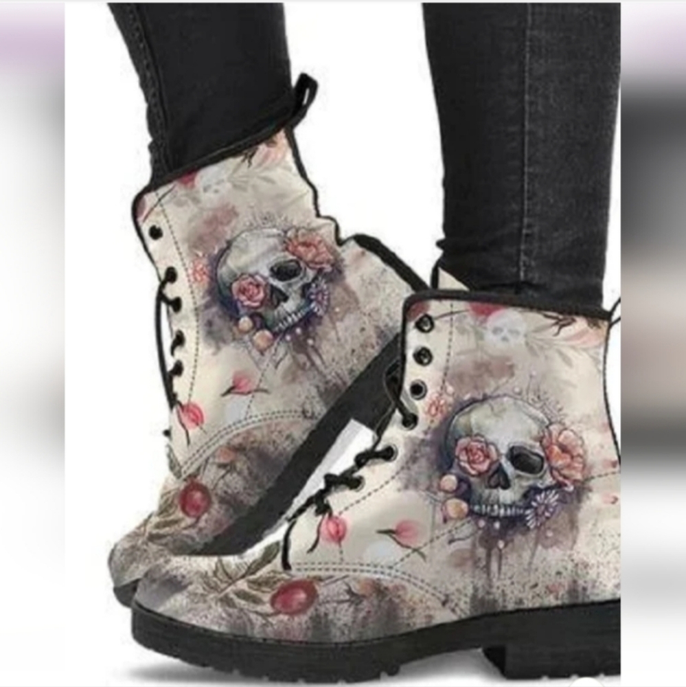 Skull and Flower Print Lace Up Ankle Boots